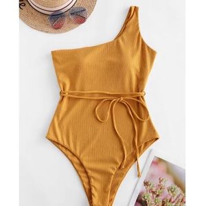 Zaful Ribbed One Shoulder One Piece Swimsuit